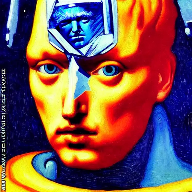 Image similar to a beautiful painting cyberpunk robot donald trump face, by kelly mckernan guido reni jan vermeer brief biography van gogh edvard munch dana irving lawren harris realistic oil painting