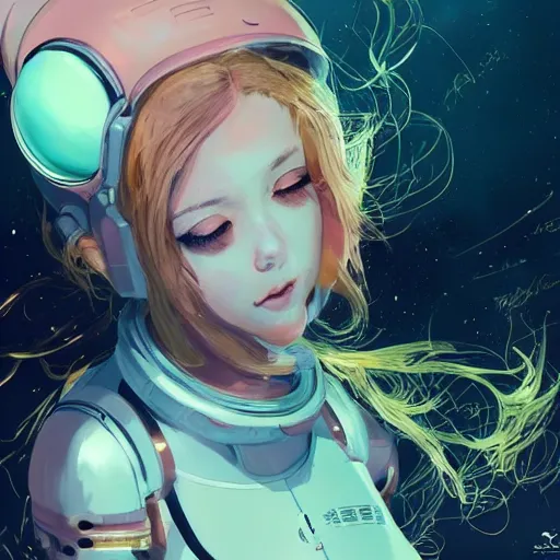 Prompt: highly detailed portrait of a young astronaut lady with a wavy blonde hair and curvy figure, by Dustin Nguyen, Akihiko Yoshida, Greg Tocchini, Greg Rutkowski, Cliff Chiang, 4k resolution, nightclub dancing inspired, nier:automata inspired, rave inspired, vibrant but dreary yellow, pink, opal, black and white color scheme!!! ((Space nebula background))