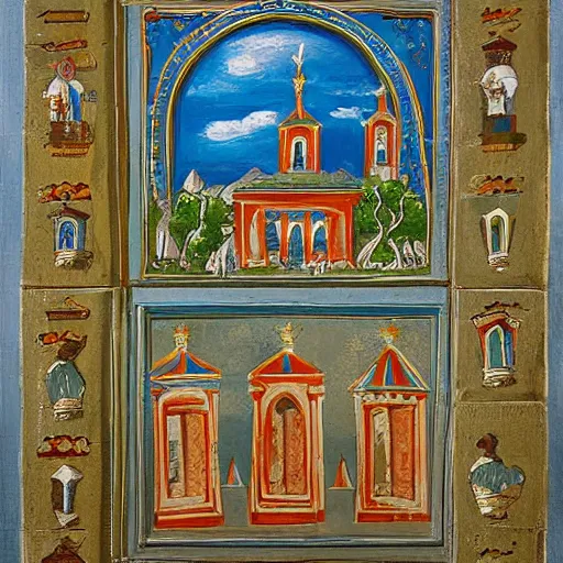 Image similar to slavic temple painting, view from high,