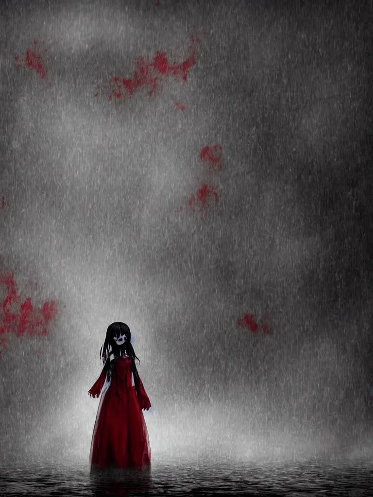 Image similar to cute drooping ectoplasmic fumo plush gothic maiden ghost apparition girl, in the lobby of a flooded abandoned hotel where it rains inside, volumetric fog, melting black and red dress, vignette, bokeh