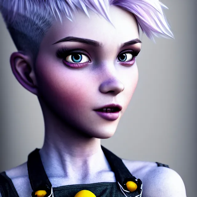 Image similar to full body pose, beautiful adult fairy, pixar, short white hair shaved sides, dirty, grungy, grunge, long sleeve, painted overalls, stacks of giant books, highly detailed, 4 k, hdr, smooth, sharp focus, high resolution, award - winning photo, artgerm, photorealistic