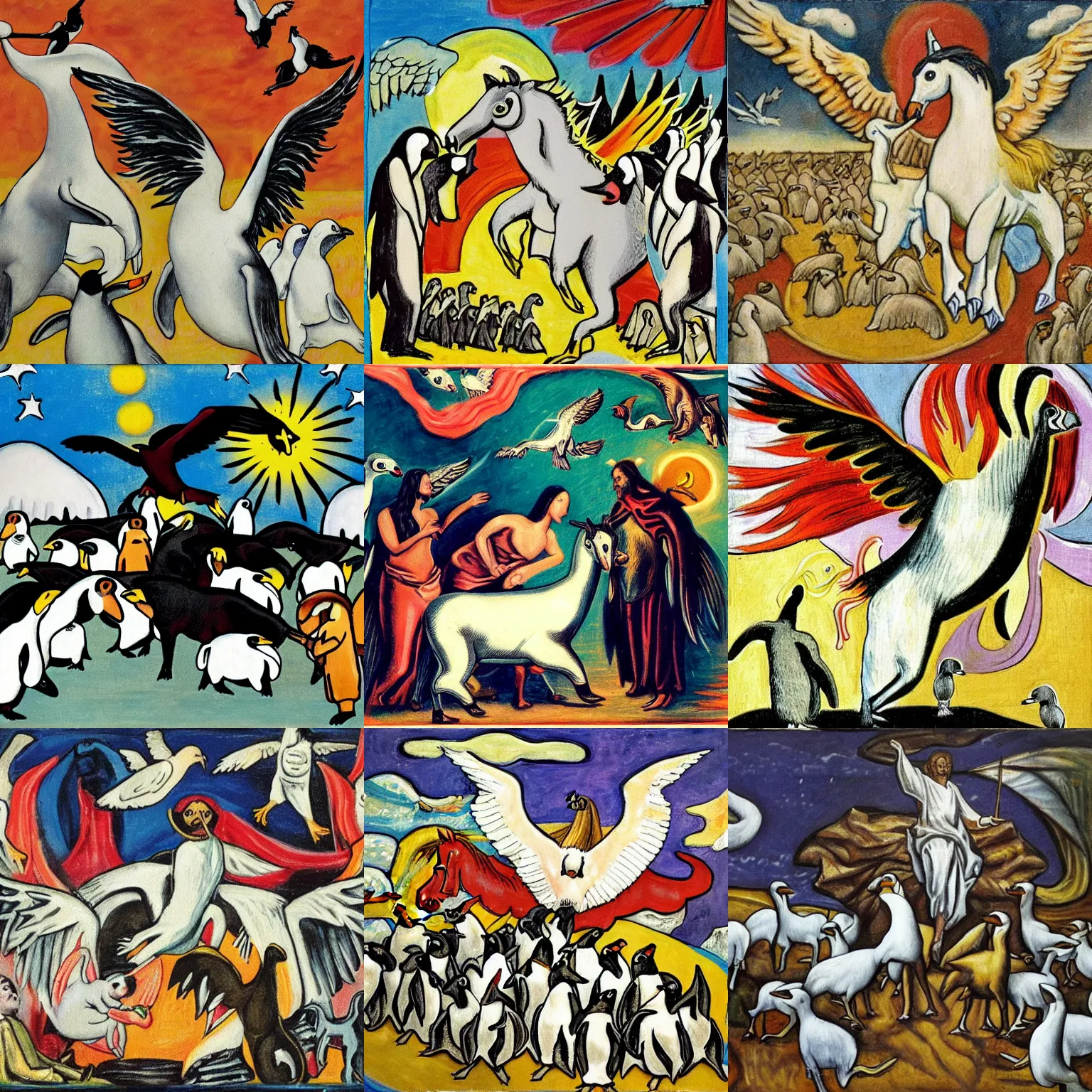 Prompt: Satan hand feeding Pegasus, Jesus riding on Pegasus, background of penguins, expressionism