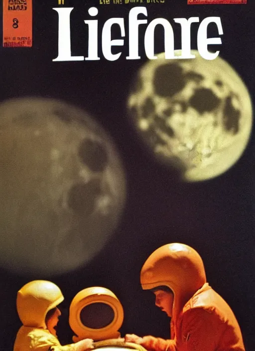 Prompt: 1 9 6 8 life magazine cover art, the subject is a mcdonald ’ s on the moon, grainy, photography, photorealistic, magazine cover, dramatic