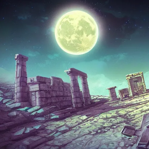 Image similar to ancient ruins on the moon, retrowave epic art, trending on art station