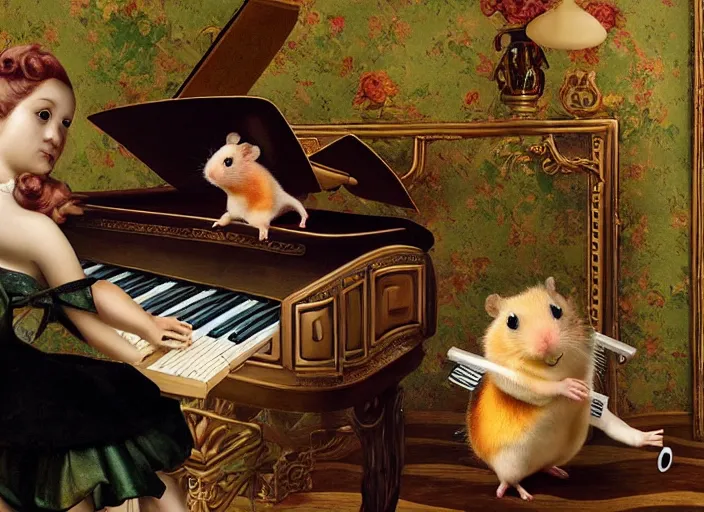 Image similar to a hamster playing piano, lowbrow in the style of camille rose garcia and mark ryden and salvador dali, 8 k, matte painting