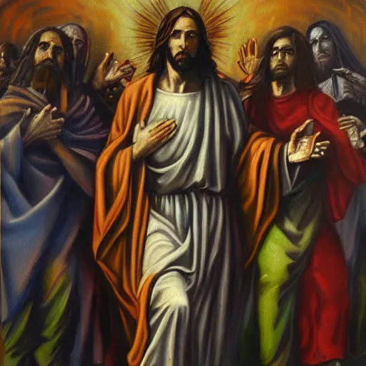 Image similar to Jesus Christ second coming with army of robotic angels, oil painting, moody, christian horror