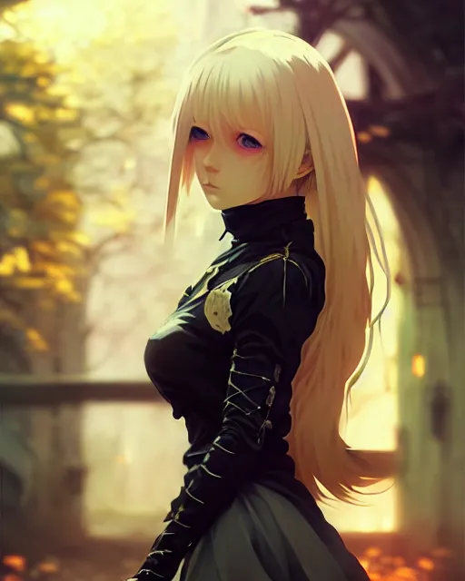 Image similar to blonde haired gothic magical girl anime character screenshot, anime, intricate, sharp focus, illustration, highly detailed, digital painting, clean artstyle, concept art, matte, art by ilya kuvshinov and ruan jia and greg rutkowski, masterpiece