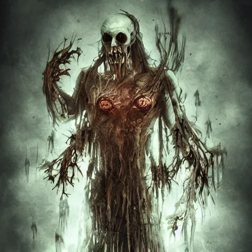 Image similar to god of decay and rot, character design, scary, radiating with power, glowing eyes, whirling death, disgusting, dripping, oily, decomposition, ghostly mist, scary, unreal engine, photorealistic