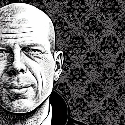 Image similar to a illustration portrait of Bruce Willis drawn by Robert Crumb