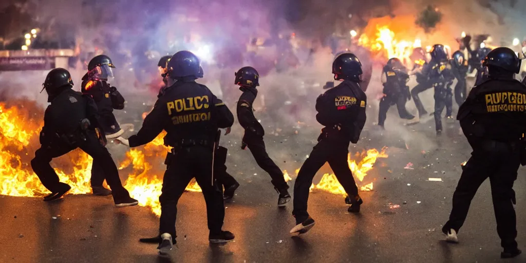 Image similar to photo of young men wearing multicolored tracksuits fighting cops in a riot with burning cars at night, close-up shot, editorial photography