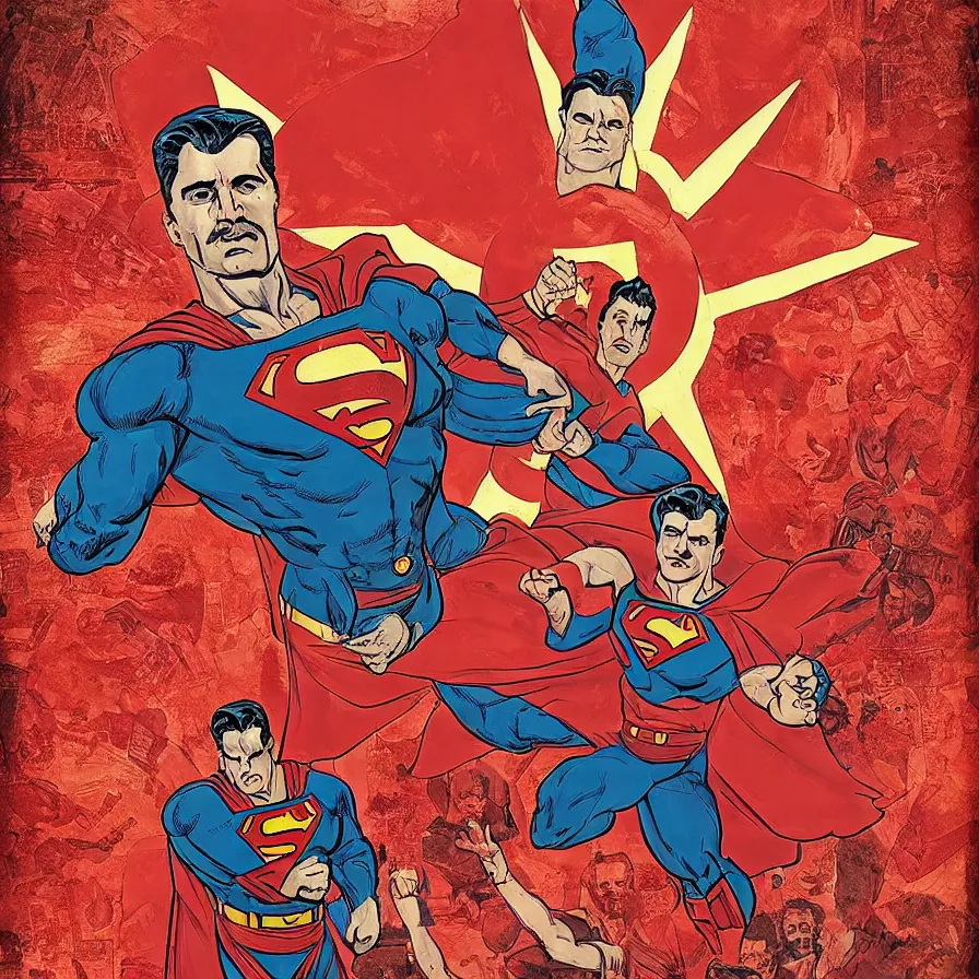 Image similar to epic comic book cover of stalin as superman floating over the red square ( moscow ), hammer and sickle, socialist realism, soviet nostalgia, sovietwave aesthetic, photorealistic, intricate digital art, trending artstation, artgem, rich moody colors, fan art, concept art, in the style of the red son, by cory walker and ryan ottley