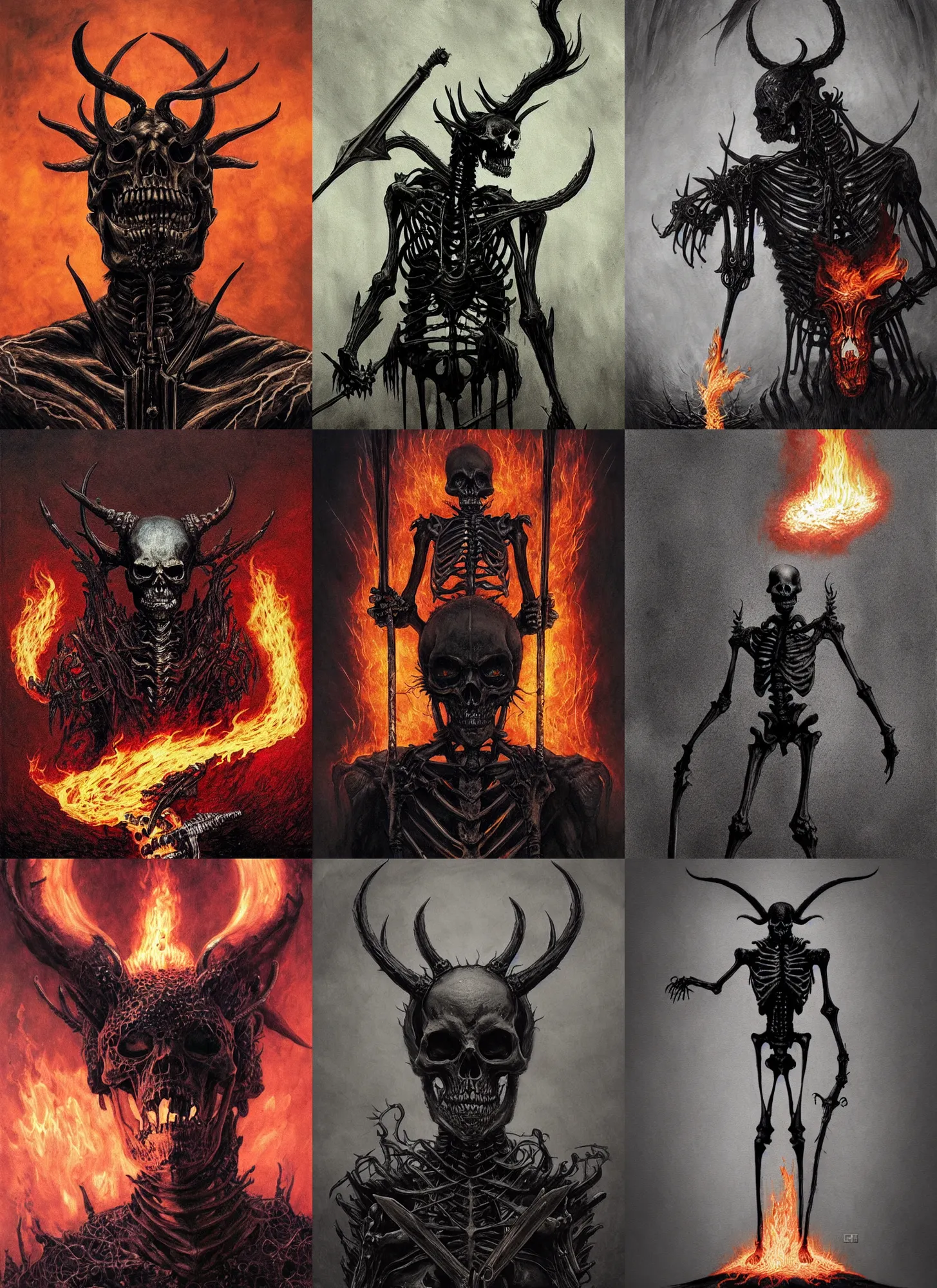 Prompt: black skeleton with horns holding flaming sword, intricate, moody, dark, highly detailed, artstation, concept art, sharp focus, illustration, beksinski, morhbacher