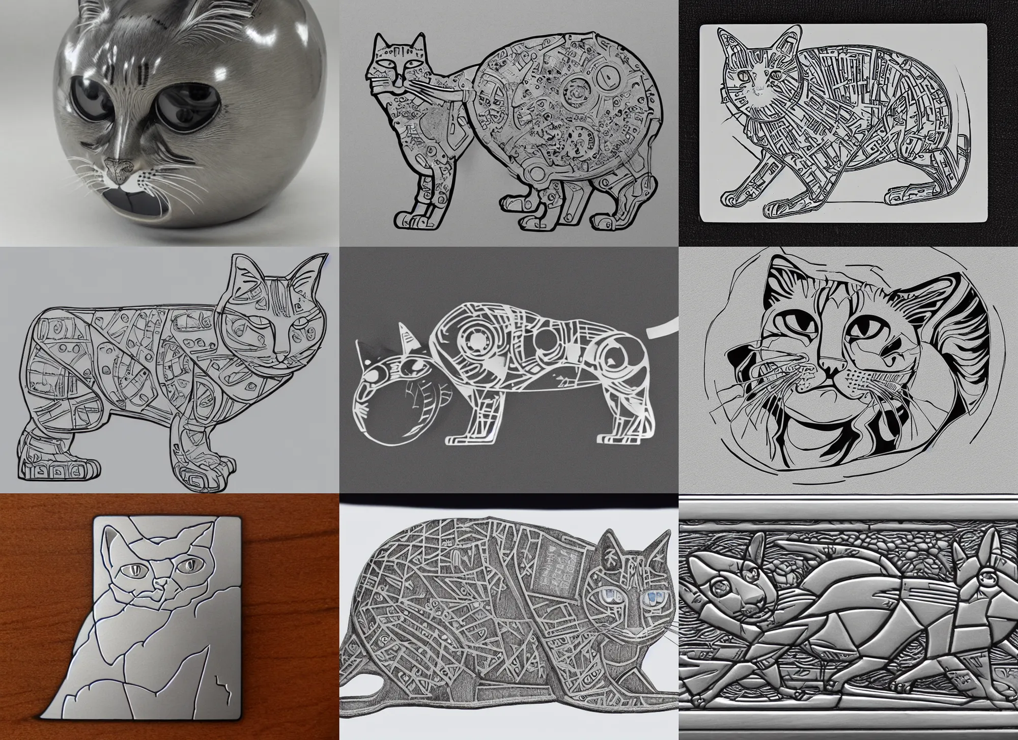 a hybrid cat robot in engraved style