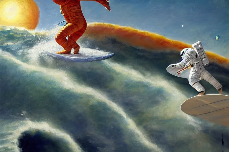 Image similar to an astronaut surfing waves in Jupiter ocean, beautiful, national geographic, very detailed, astrophotography, oil painting, canvas, Sandra Pelser, Jeff Lyons, Edward Hopper