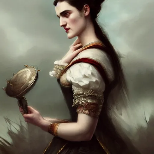 Image similar to beautiful & striking Katie McGrath as a 1700s princess by Artgerm and Greg Rutkowski, intricate, elegant, highly detailed, digital painting, artstation, concept art, moody, sharp focus, illustration,