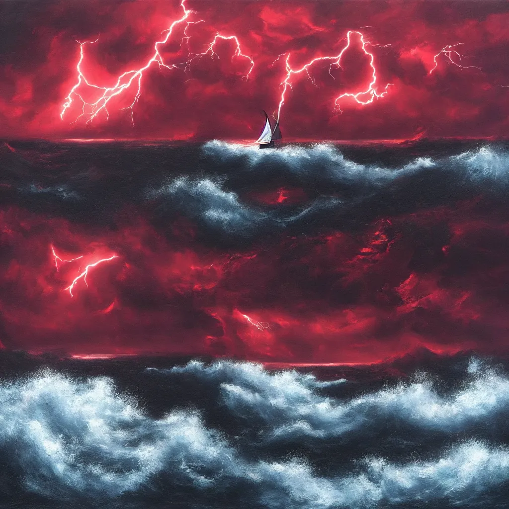 Image similar to a fantasy landscape. subject : giant dark red kraken, stormy sea, small boat, giant waves, lightning in the background, oil painting, 4 k