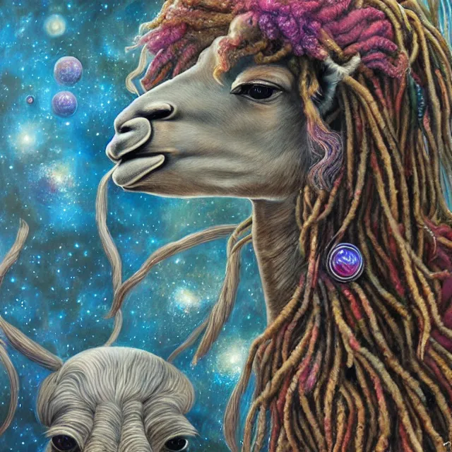 Image similar to llama with dreadlocks, space, by mandy jurgens, ernst haeckel, james jean