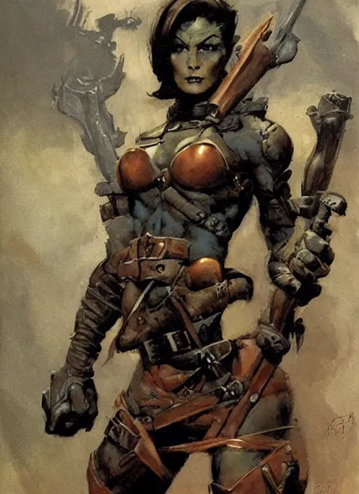 Image similar to portrait of strong female ranger, beautiful! coherent! by frank frazetta, by brom, strong line, deep color, leather armor, short buzzed hair, high contrast