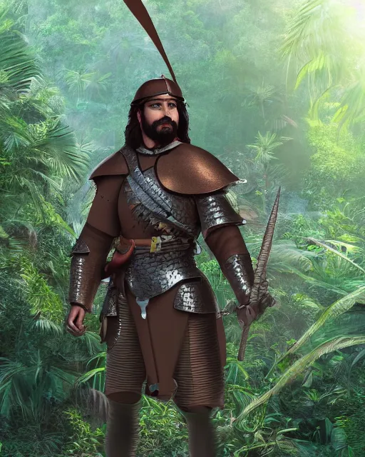 Prompt: detailed 3d render of a spanish conquistador in a dense jungle, art by nicola saviori and studio ghibli, cgsociety, trending on artstation, symmetric, anatomy