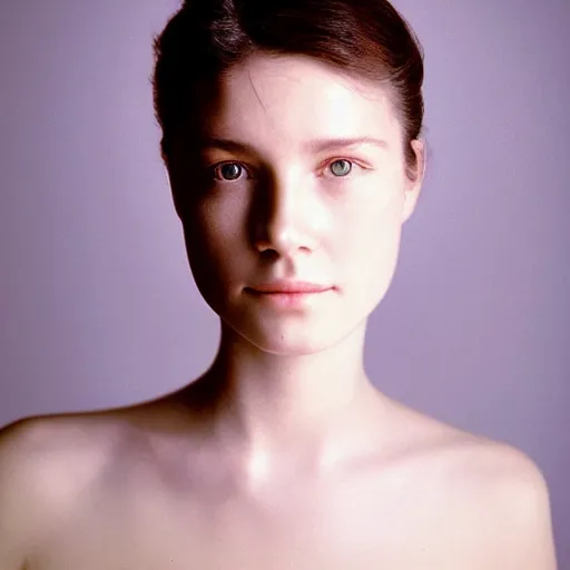 Image similar to portrait of fresh faced princess with perfect skin, bored, healthy, translucent, sub surface scattering, in style of robert mapplethorpe,