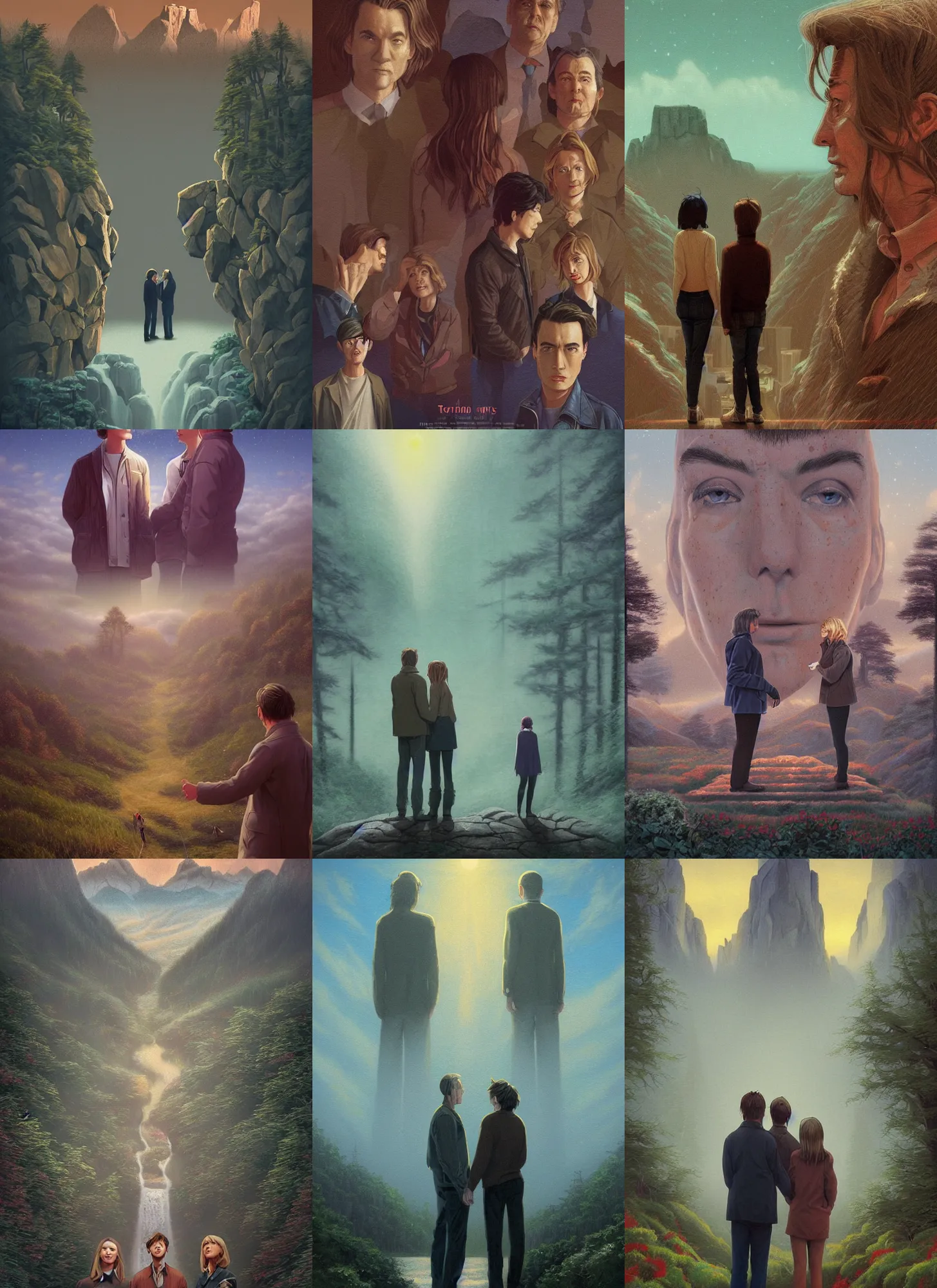 Prompt: Twin Peaks poster artwork by T Wolf, P Cattaneo, S Baraldi, Artem Chebokha, stone henge, Rendering of a cinematic beautiful closeup moment of friends standing facing away from each other, Pensive Lonely I love you moth man butterfly woman, full of details, by Makoto Shinkai and thomas kinkade, Matte painting, trending on artstation and unreal engine