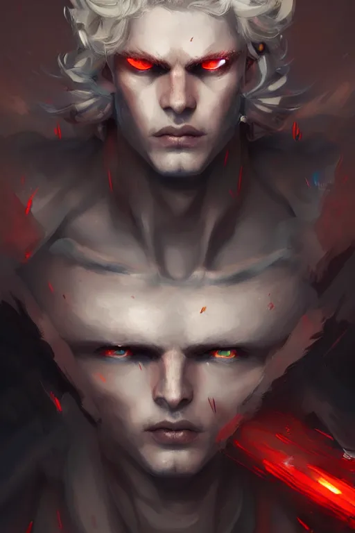 Image similar to digital art of a pale menacing male Cyborg Angel of War with fluffy blond curls of hair and piercing red and black eyes, central composition, he commands the fiery power of resonance and wrath, by WLOP, Artstation, CGsociety