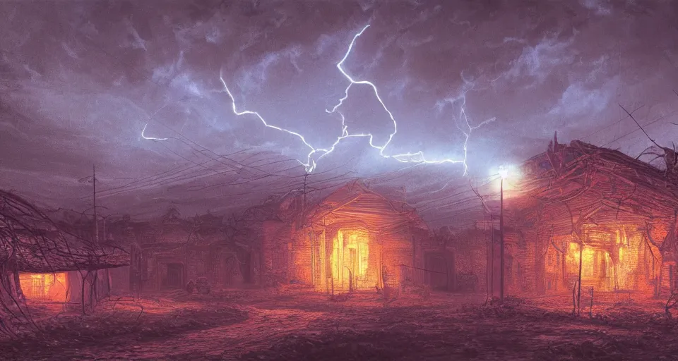 Prompt: glowy lightning in a abandoned village, intricate, elegant, glowing lights, highly detailed, digital painting, artstation, concept art, smooth, sharp focus, illustration, loneliness, great space, zdzisław beksinski, hans ruedi giger, 4 k, very high resolution, astrophotography, processing, extremely hyperdetailed