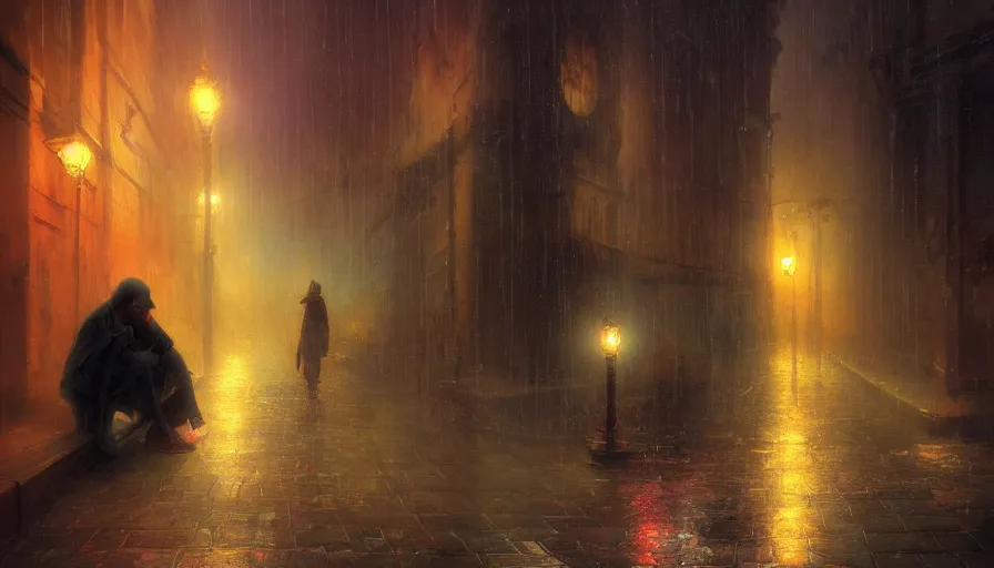 Prompt: Homeless man with divine glowing eyes begging for money in a raining dark city alley by Marc Simonetti and Delphin Enjolras