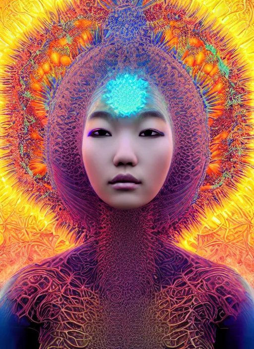Prompt: ridiculously beautiful young asian woman tripping, coral and light fractals radiating from head with sacred geometry, cosmic, natural, awakening, symmetrical, in the style of ernst haeckel, effervescent, warm, photo realistic, epic and cinematic