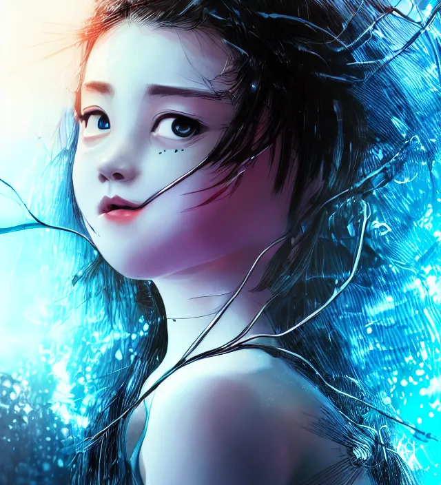 Image similar to hd photo poster portrait of a cute young girl complicated synaptic particles wires in miura kentaro gantz frank miller jim lee style detailed cinematic depth of field trending award winning on flickr artstation