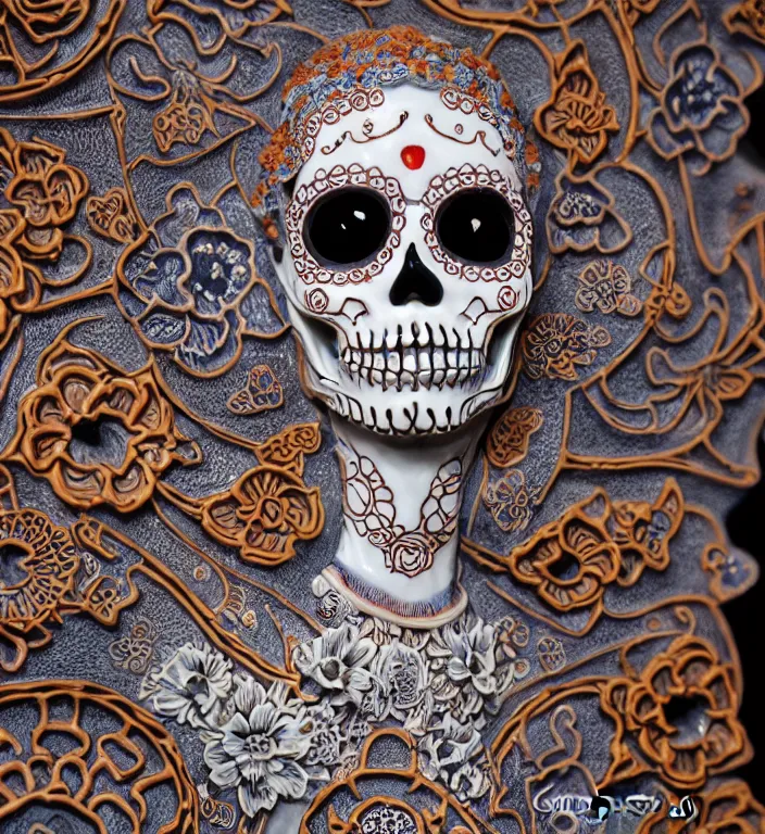 Prompt: La Catrina, A Close up photo-real delicate ceramic porcelain sculpture of a symmetrical ornate detailed in front of an intricate background by Victo Ngai and takato yamamoto, micro detail, backlit lighting, face in focus, subsurface scattering, translucent, thin porcelain, colorful, physically based rendering, japanese pottery, trending on cgsociety