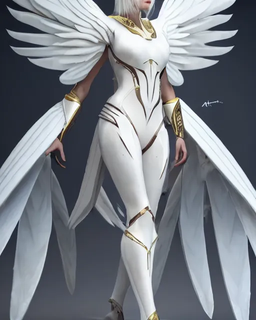 Image similar to perfect white haired attractive egyptian goddess with huge white dove wings, warframe armor, beautiful, symmetric, charlize theron, half asian, pretty face, blue eyes, detailed, scifi platform, laboratory, experiment, 4 k, ultra realistic, epic lighting, android body, illuminated, cinematic, masterpiece, art by akihito tsukushi, voidstar