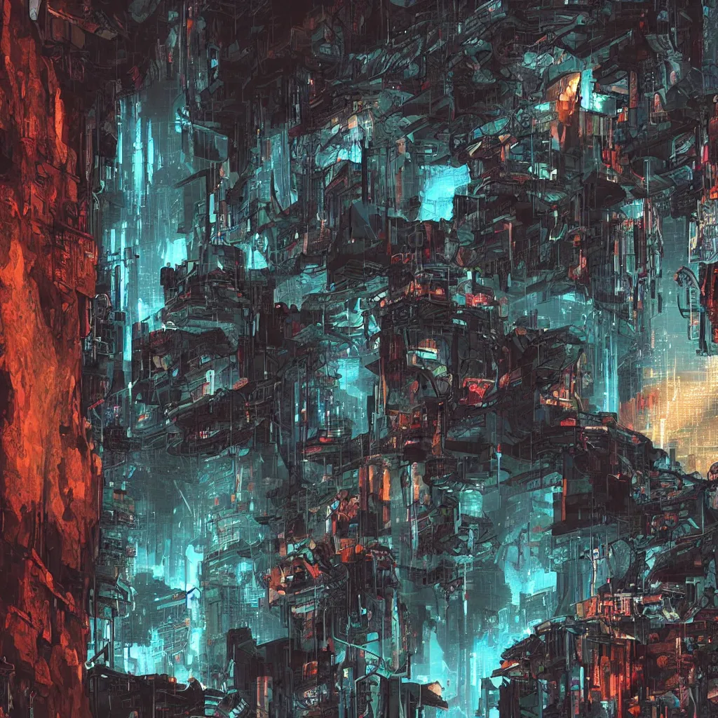 Image similar to a cave painting of a cyberpunk cave