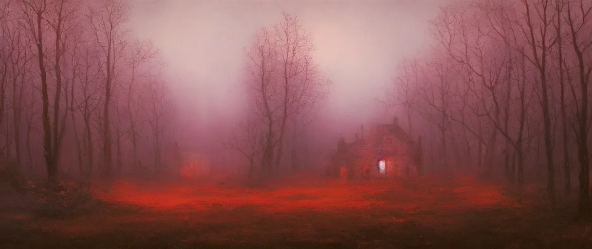 Prompt: old small village in a mystical forest, oil painting, beksinski, red sky, misty, atmospheric, eerie, horror, 8 k, high details