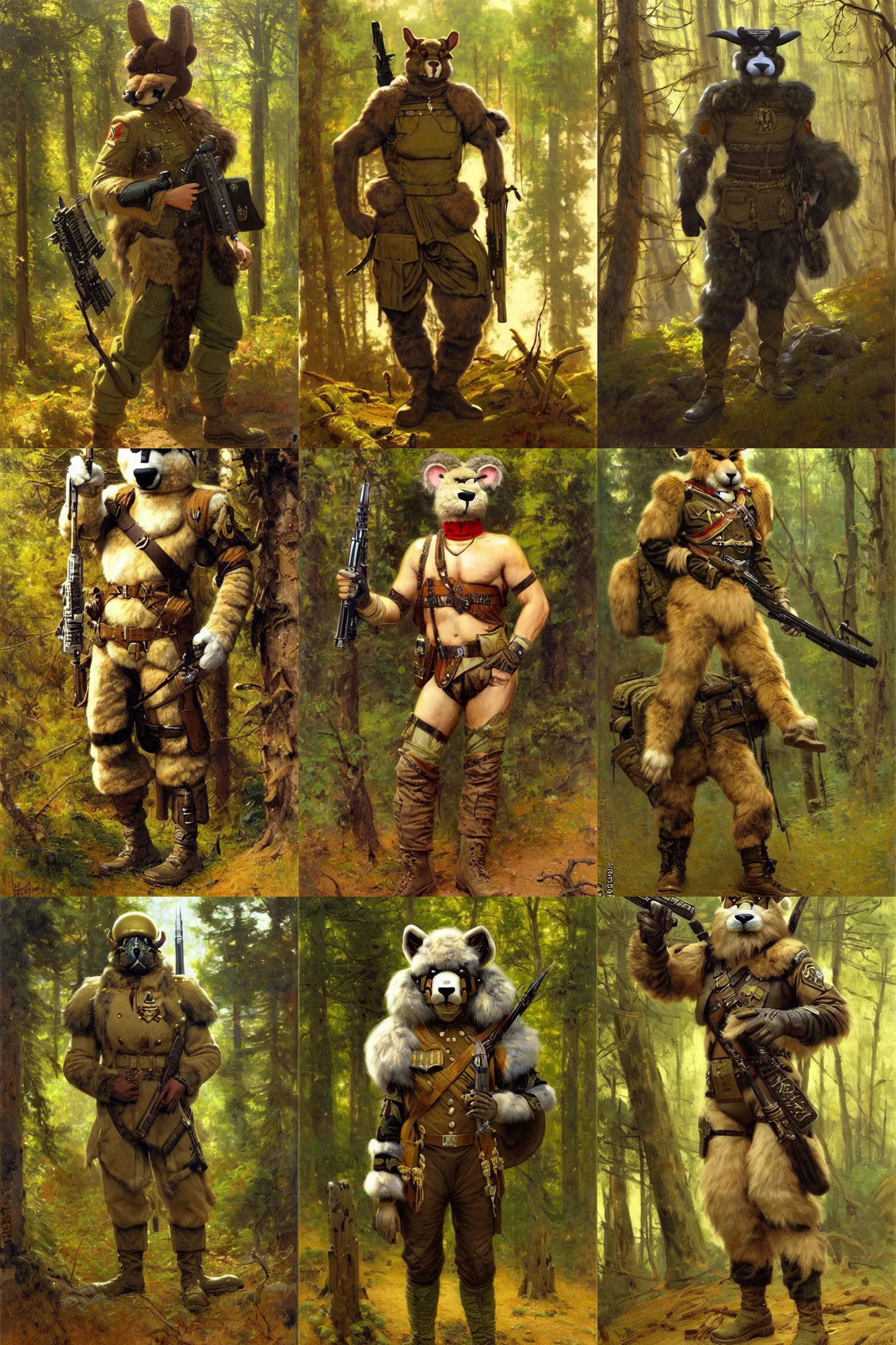 Prompt: anthropomorphic furry regal ram soldier wearing modern military gear in a forest, character design, painting by gaston bussiere, craig mullins, j. c. leyendecker, tom of finland