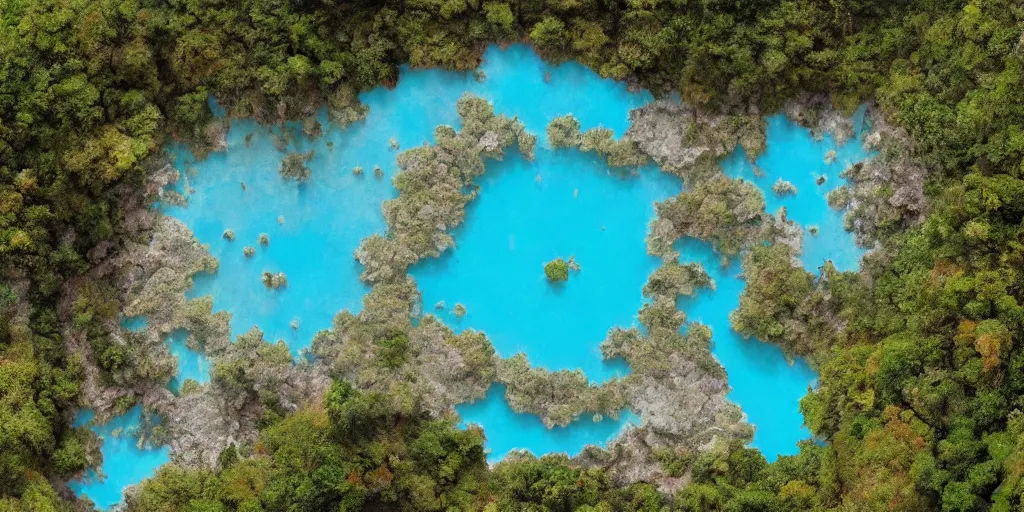 Prompt: Beautiful hyperrealistic detailed matte painting of the crater turquoise lake in destroyed amazonian burned and cuted jungle, aerial view, view from above, summer, sea breeze rises in the air, by andreas rocha and john howe, and Martin Johnson Heade, featured on artstation, featured on behance, golden ratio, ultrawide angle, f32, well composed, cohesive.