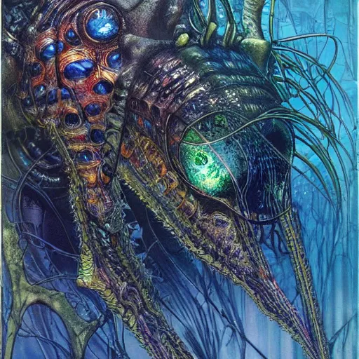 Image similar to simple concept art portrait of an intricately designed predatory alien species. an award winning yoshitaka amano poster. a masterpiece by james gurney. deep color.