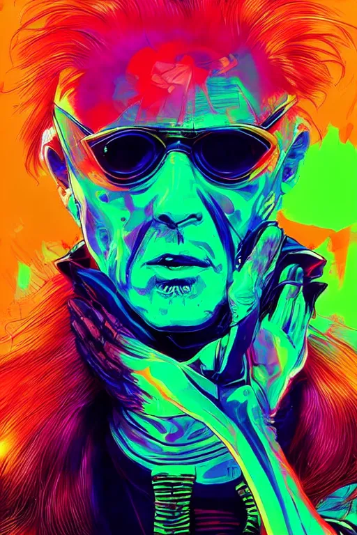 Prompt: a cyberpunk christopher walken with orange hair, bright neon colors, hyper detailed, digital art, cinematic lighting, concept art by artgerm and moebius and alberto seveso
