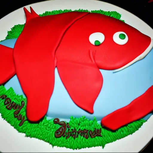 Prompt: Trout birthday cake