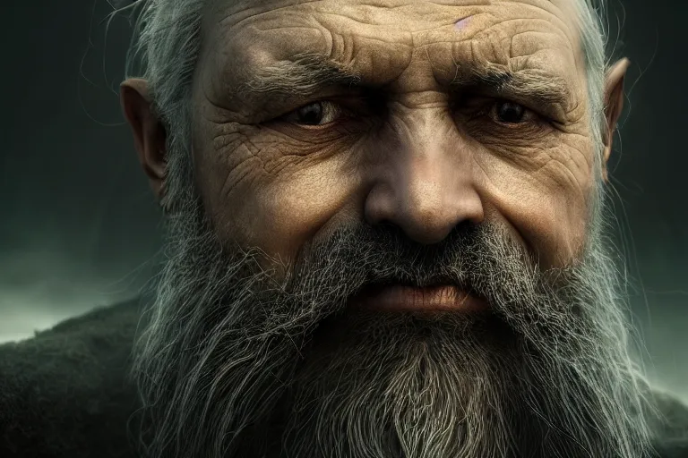 Image similar to an ultra realistic cinematic close up headshot portrait of an evil wizard, background of a vast serene landscape with trees and rivers, detailed, deep focus, movie still, dramatic lighting, ray tracing, by michal karcz and yoshitaka amano