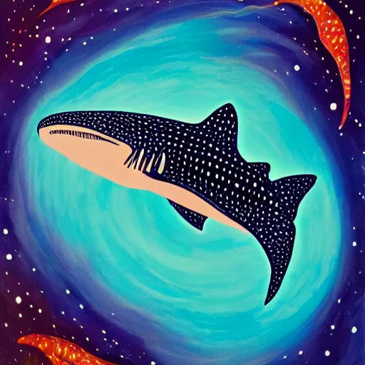 Prompt: gouache painting of a whale shark flying through a swirling, luminous nebula, elegant, ultra detailed, biomorphic technology