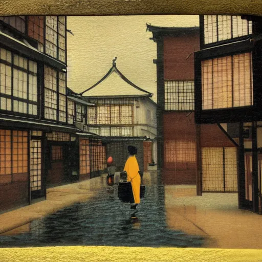 Image similar to a typical japanese city street in the rain, vermeer painting, dark academia aesthetic, matte painting