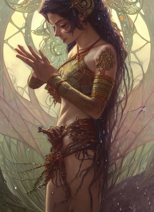 Image similar to kuntilanak on tree, d & d, wet, shiny, fantasy, intricate, elegant, higly detailed, ultra definition, digital painting, artstation, concept art, smooth, sharp focus, illustration, art by artgerm and greg rutkowski and alphonse mucha and garis edelweiss