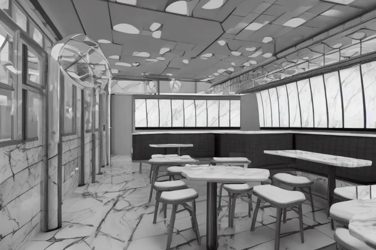 Prompt: 1982 diner interior with very high ceilings, parametric architecture, white, dramatic lighting, marble, luxury, 4k, unreal engine 85mm f/11 interior photography