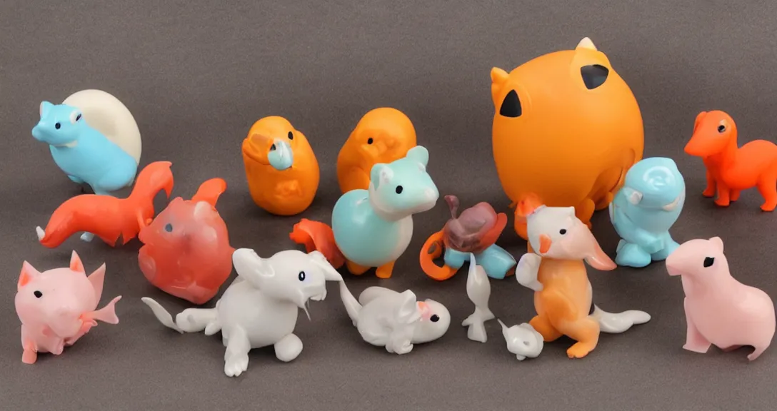 Prompt: some cute plastic toys that look like animal characters, sunset colors