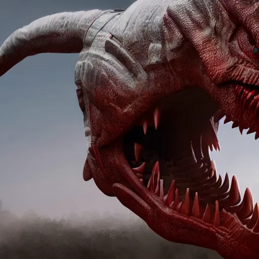 Image similar to giant cyborg t-rex with red eyes, photorealistic, detailed, realism, studio lighting, mist, dramatic, octane render, award winning render, unreal engine, octane render