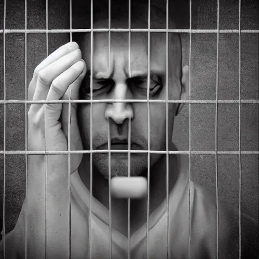 Image similar to sad prisoner holding ipad, prison cell, photorealistic, frustrated expression, dark mood, hopelessness, gloomy