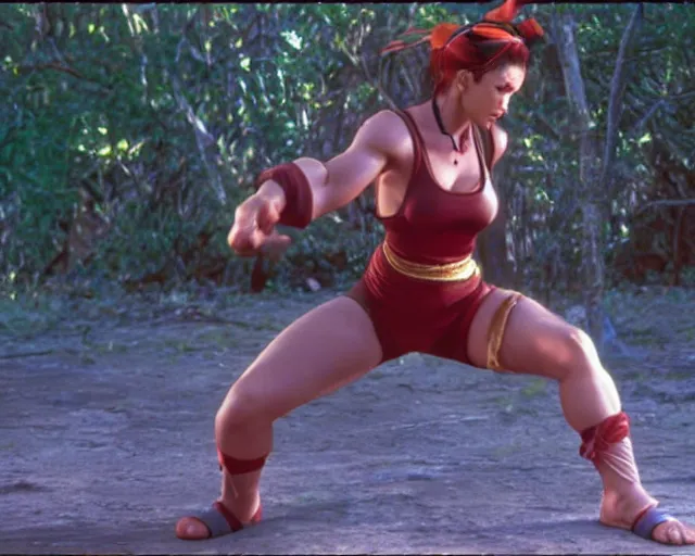 Image similar to a still of full body Elena, of Street Fighter, in the movie Hard Target (1993), HDR, high quality, 8k, highly detailed and intricate,