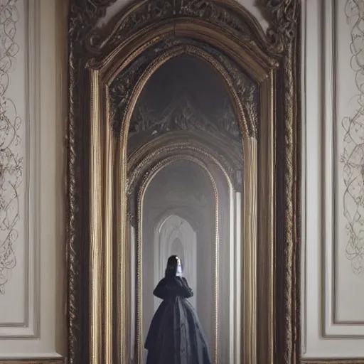 Prompt: a beautiful victorian woman is frightened by her doppleganger in a mirror. she is in a long hallway of mirrors. victorian interior, with many mirrors, elegant design, haunting atmosphere, dimly lit, gothic, horror style, by greg rutkowski, realistic, low angle, 3 / 4 view.