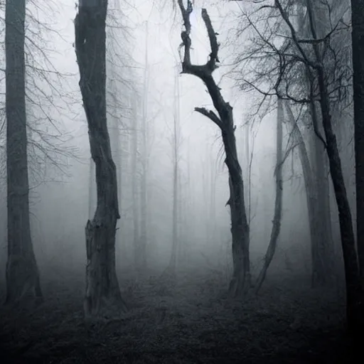 Image similar to i am looking for a horror image that includes a dark, foreboding forest with twisted, gnarled trees. there should be a foggy, ethereal quality to the image, and the light should be dim and eerie. i would like the image to include at least one figure, who should be shrouded in darkness.